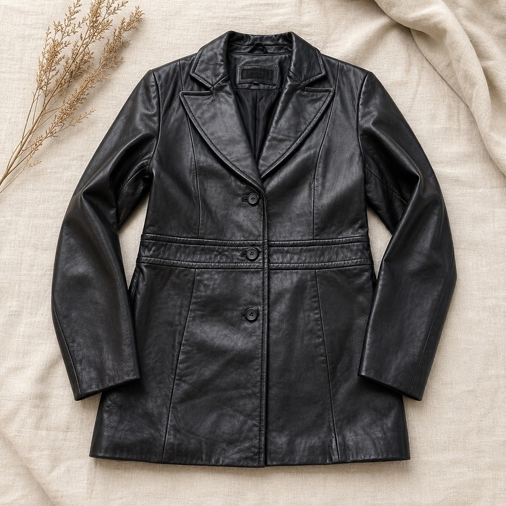 Colebrook Essentials Womens Black Leather Blazer Jacket Coat Medium 3-Button M